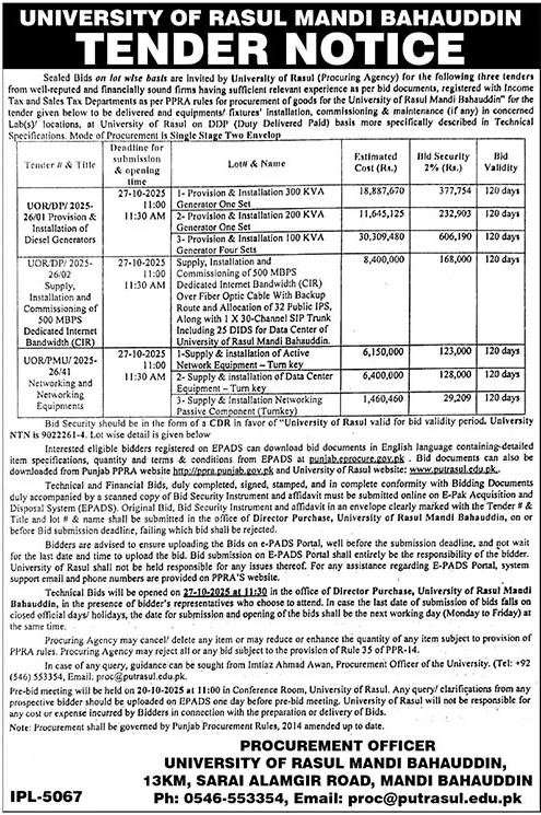 University of Rasul Mandi Bahauddin Tender Notice